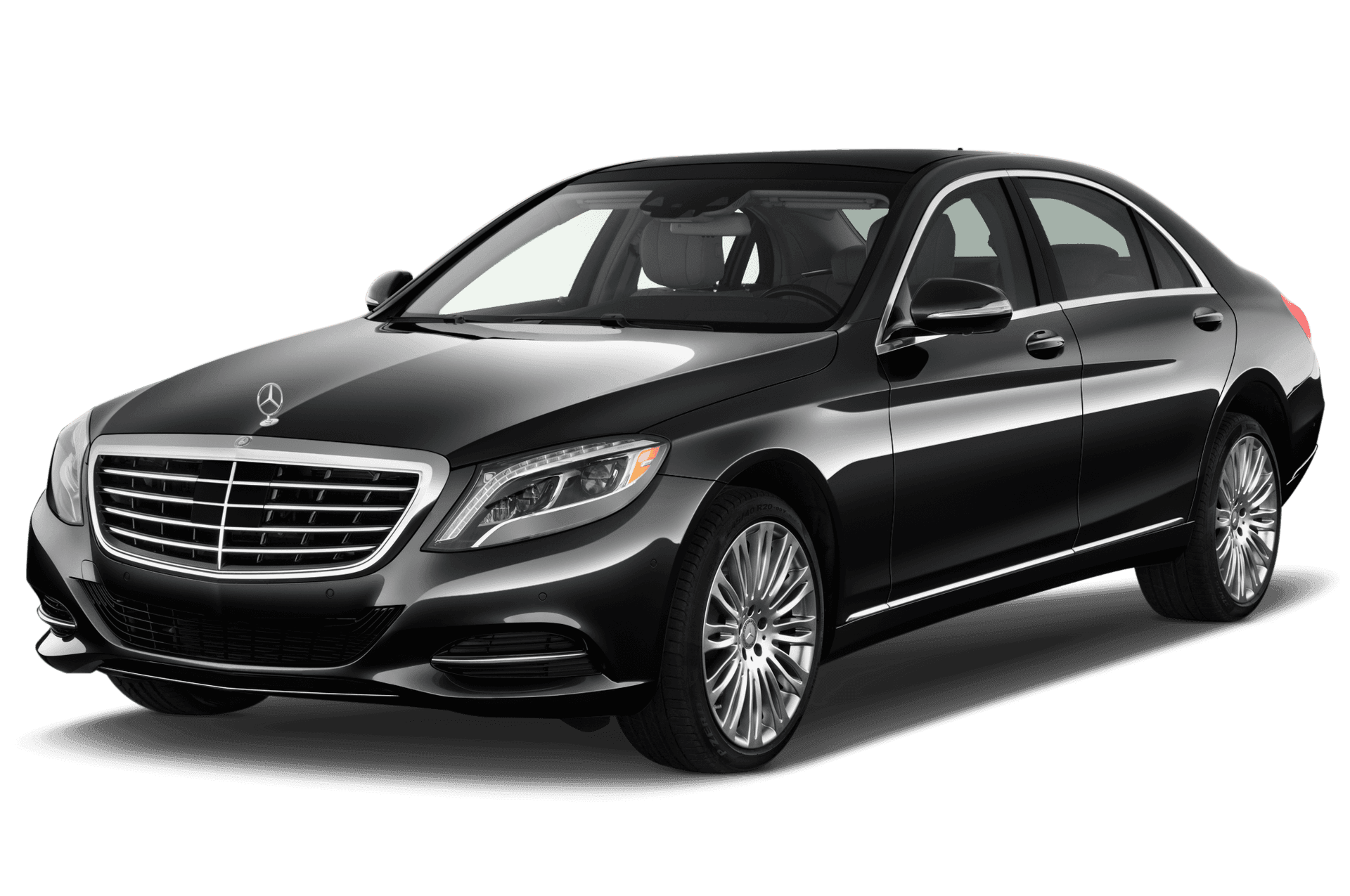 Black luxury sedan with chrome accents, parked on a white background.