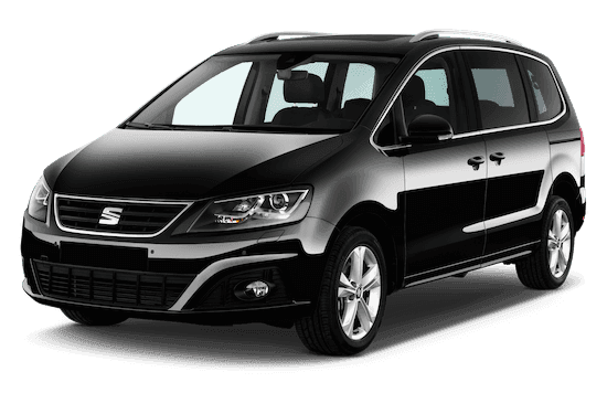 Black minivan with sleek design and chrome accents on wheels and grille.